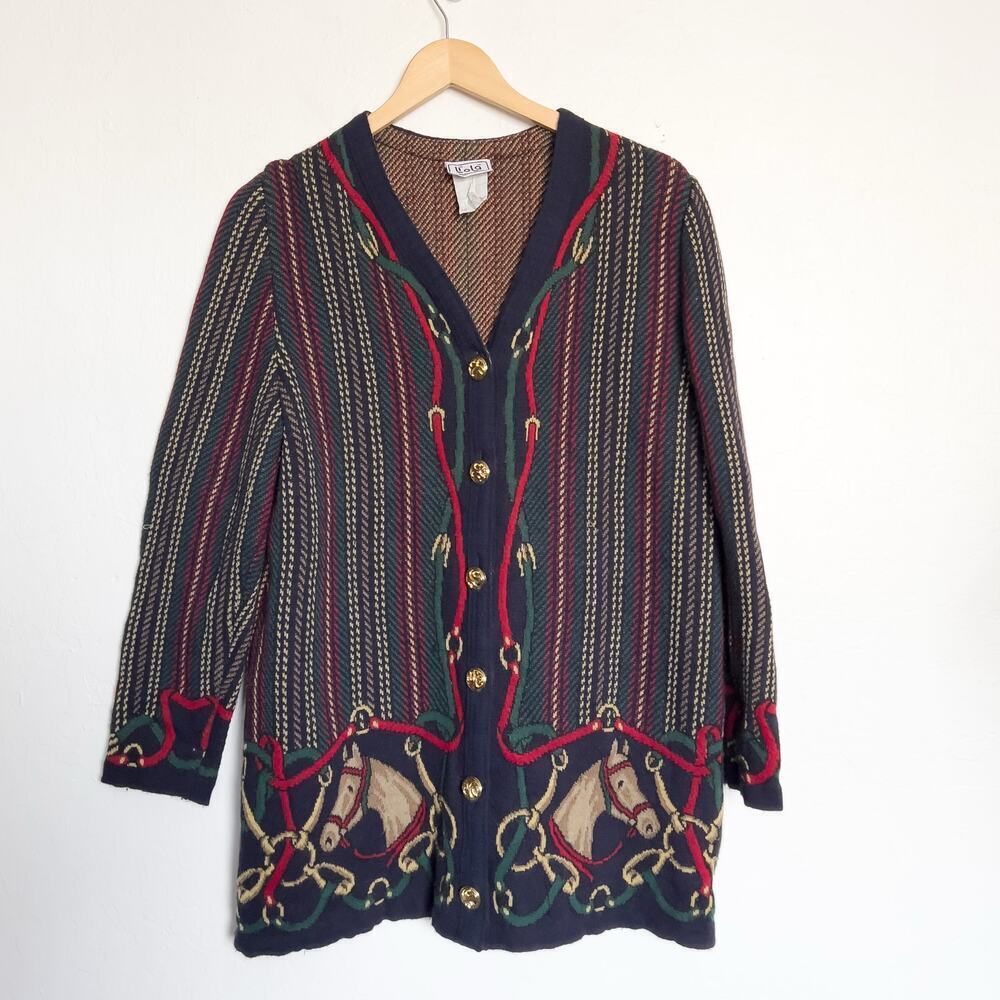 Liola Wool Cardigan 16 XL Equestrian Gold Button Sweater Angora Navy Italy